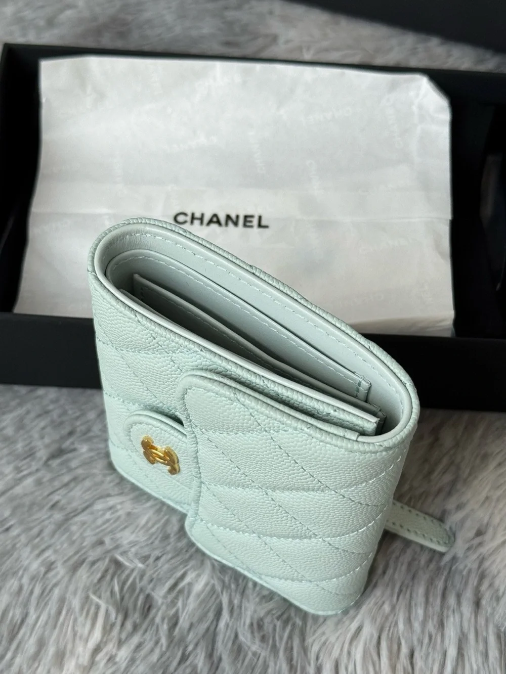 CHANEL Mint Quilted Leather Compact Wallet with Gold CC